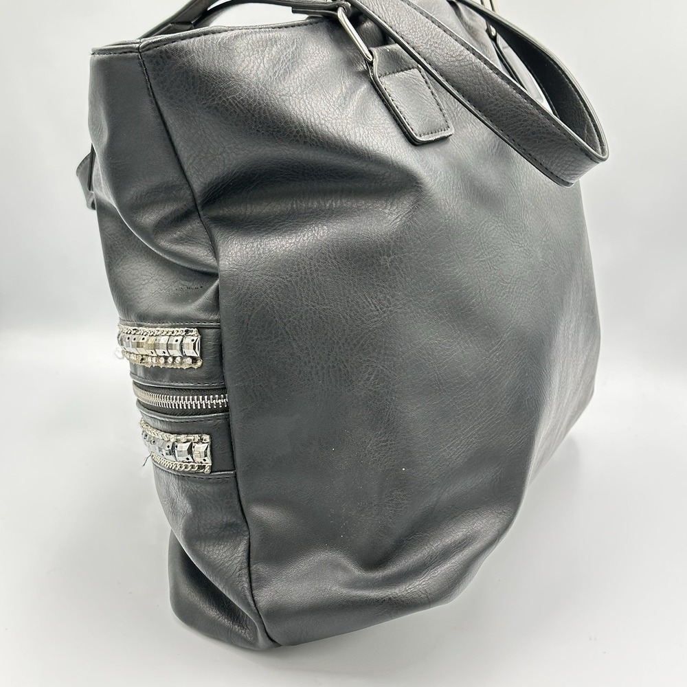 Faux Leather Black Silver Jeweled Large Shoulder Tote Bag 17 X 12 X 6 Edgy Chic - Picture 5 of 7